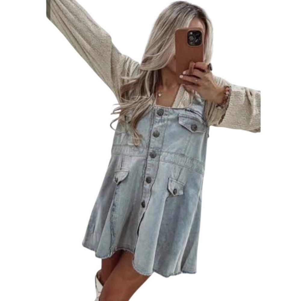 POL Babydoll Short Denim Cotton Button Front Dress